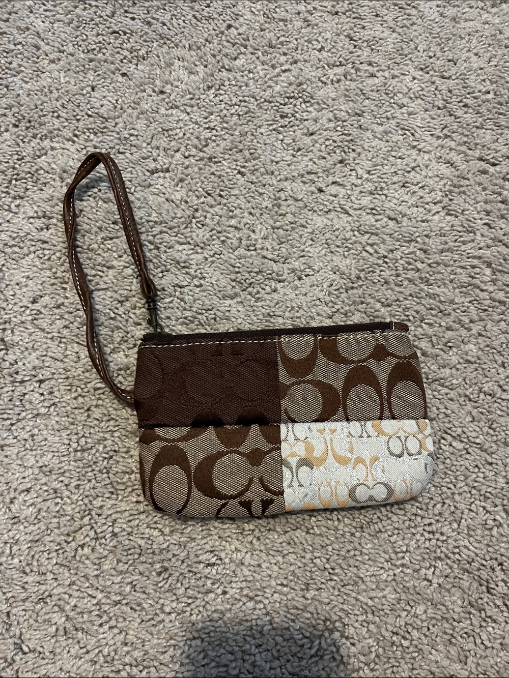Coach Patchwork Signature Wristlet in Brown and Cream
